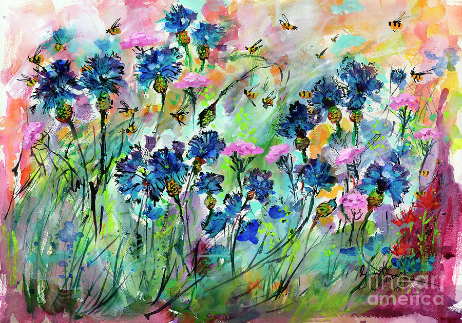 Nature Painting - Corn Flowers and Bees Summer In Provence by Ginette Callaway