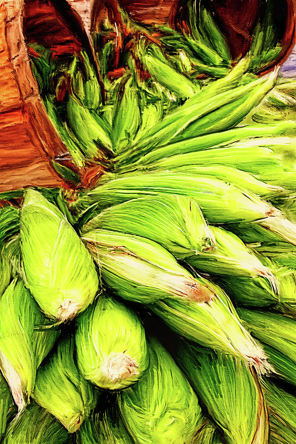 Corn harvest farmers market painting Mixed Media by Tatiana Travelways