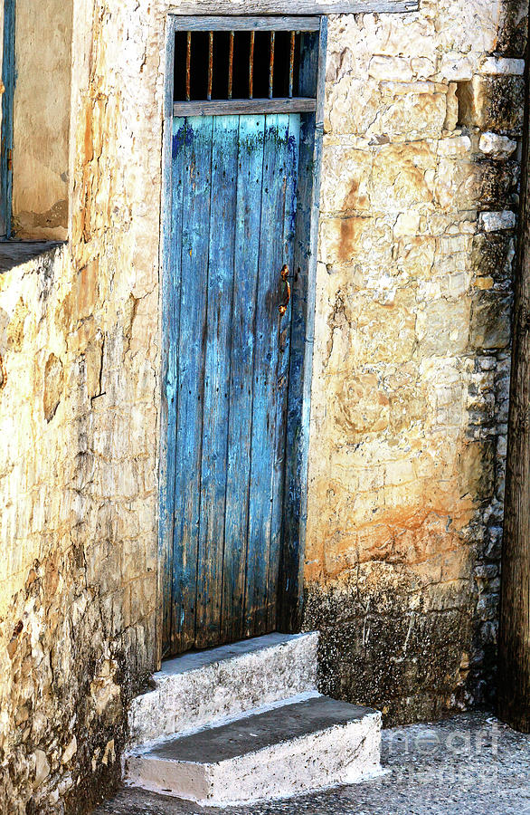 Architecture Photograph - Corner Blue Door at Timios Stavros Monastery in Cyprus by John Rizzuto