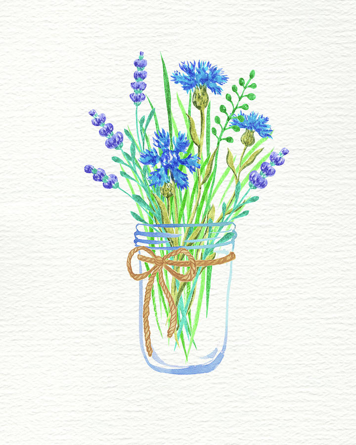 Cornflowers And Lavender Bouquet In A Glass Jar Botanical Watercolor    Painting by Irina Sztukowski