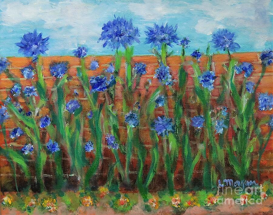 Cornflowers by a Brick Wall Painting by Laurie Morgan