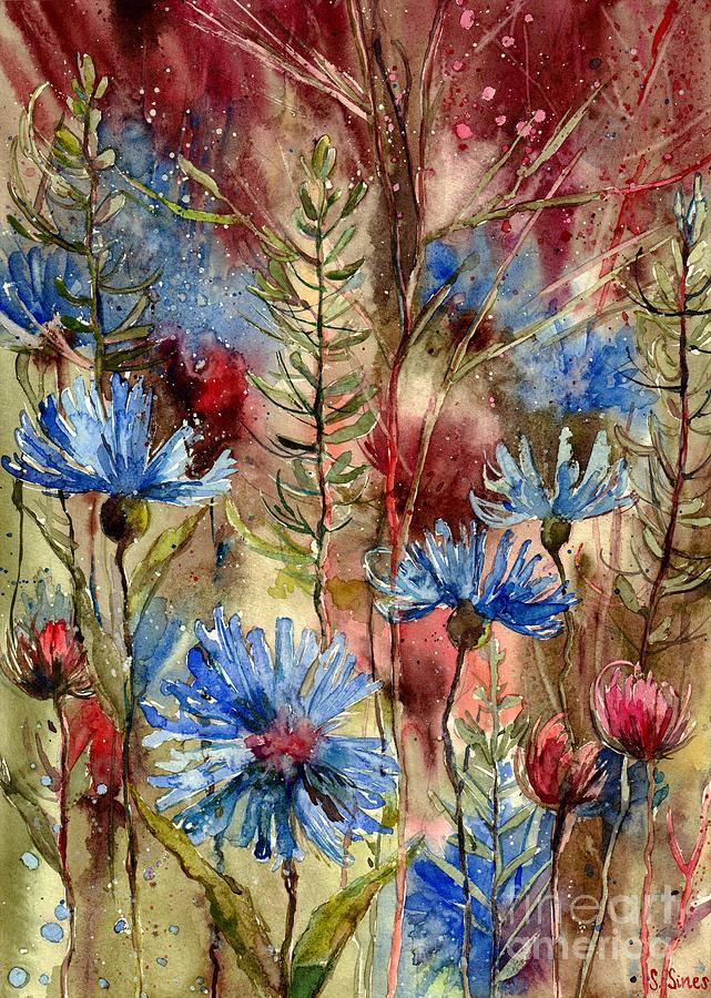 Cornflowers In Night Satin Painting by Suzann Sines