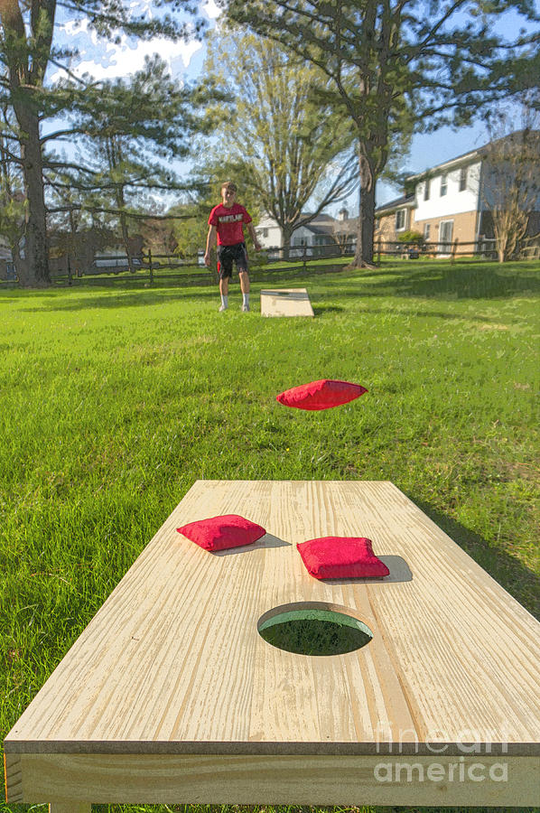 Cornhole game in a suburban back yard Photograph by William Kuta