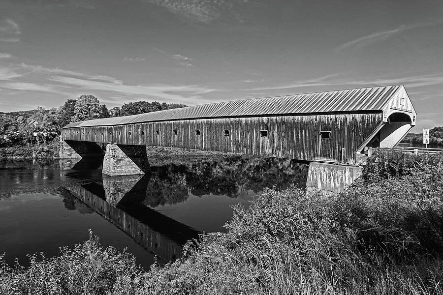 Cornish-Windsor Covered Bridge Windsor Vermont Cornish New Hampshire Connecticut River Reflection BW Photograph by Toby McGuire