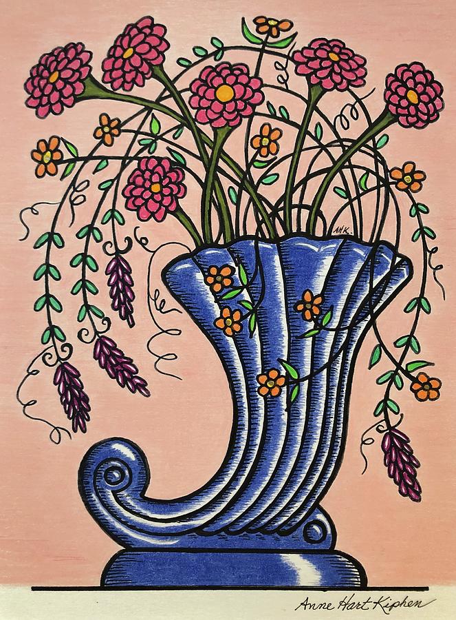 Vase Mixed Media - Cornucopia and Zinnias by Anne Hart Kiphen