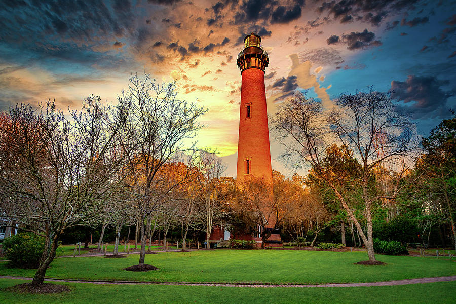 Corolla Lighthouse and Sunset Sky horiz Photograph by Dan Carmichael
