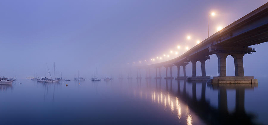 Coronado Bridge and Boats in Dawn Fog Photograph by William Dunigan