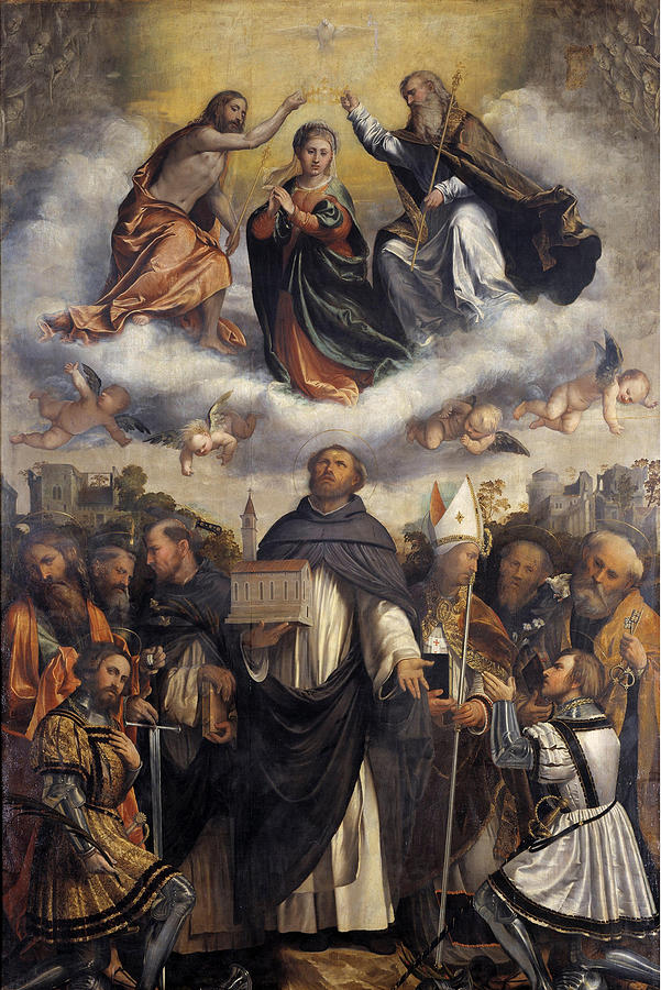 Coronation Painting - Coronation of the Virgin and St  Dominic between Saints Faustinus  Paul  Thomas Aquinas  Peter Martyr  Antonino  Vincent Ferrer  Peter and Jovita  by Romanino