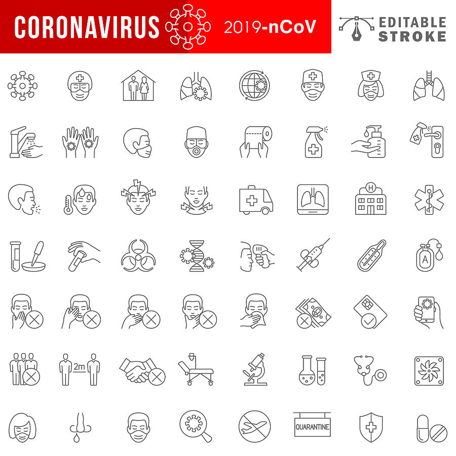 Coronavirus 2019-nCoV disease symptoms and prevention icon set. Drawing by AlonzoDesign