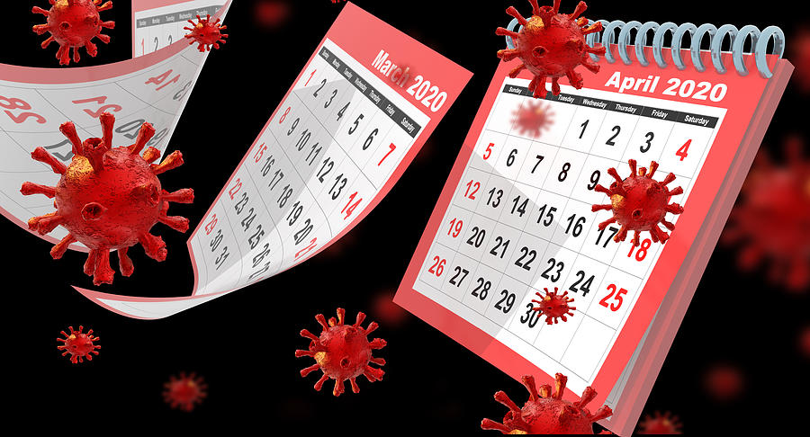 Coronavirus Covid-19 2019 Ncov On Calendar April 2020 Monthly  Flying Pages Isolated Red - 3d Rendering Photograph by Summerphotos