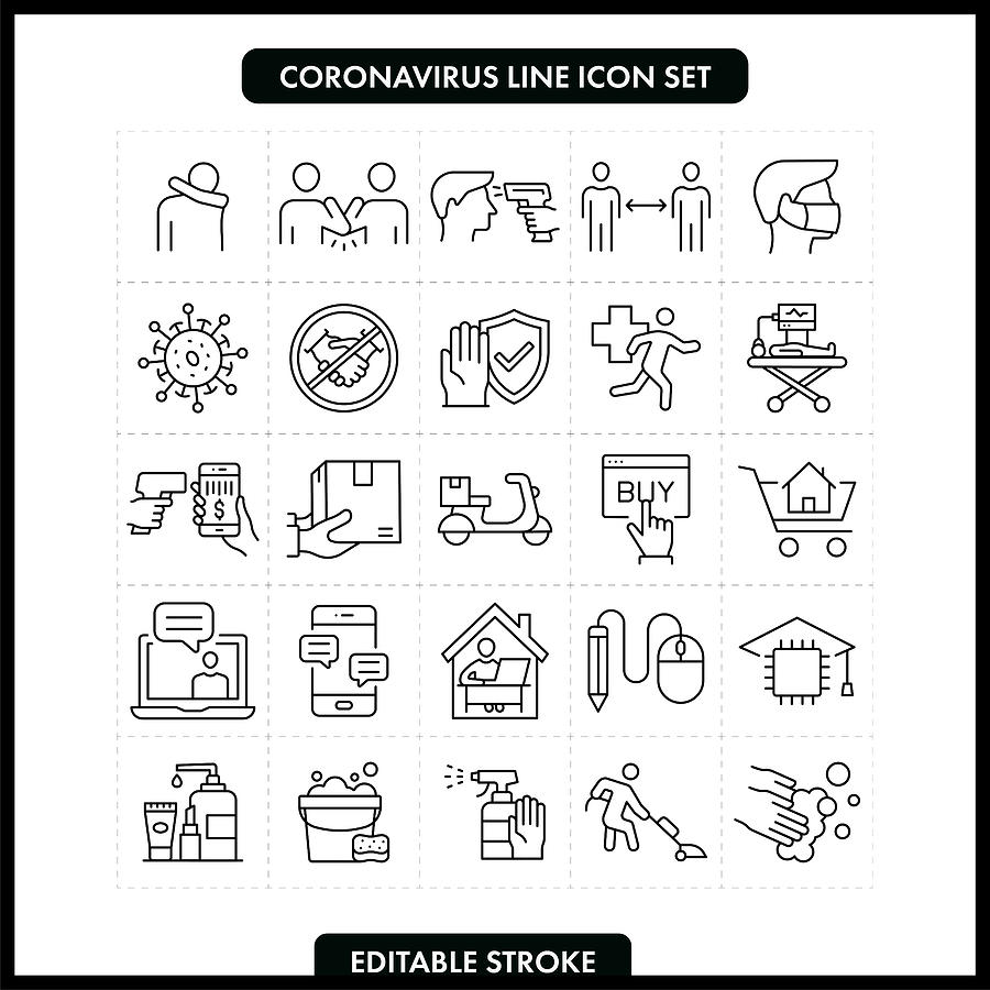 Coronavirus COVID-19 Line Icon Set. Editable Stroke Drawing by Studiostockart