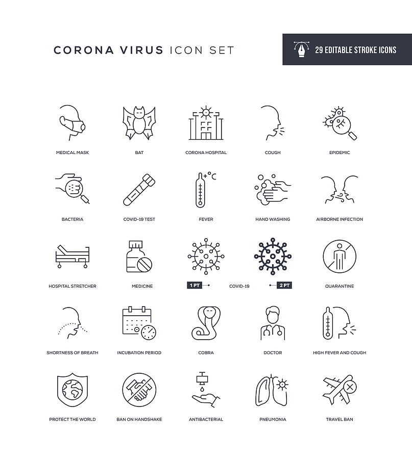 Coronavirus Editable Stroke Line Icons Drawing by Enis Aksoy
