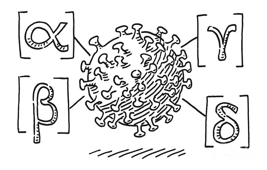 Black And White Drawing - Coronavirus Mutant Greek Letters Drawing by Frank Ramspott
