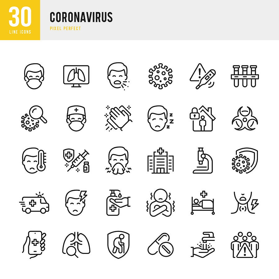 CORONAVIRUS - thin line vector icon set. Pixel perfect. The set contains icons: Coronavirus, Sneezing, Coughing, Doctor, Fever, Quarantine, Cold And Flu, Face Mask, Vaccination. Drawing by Fonikum