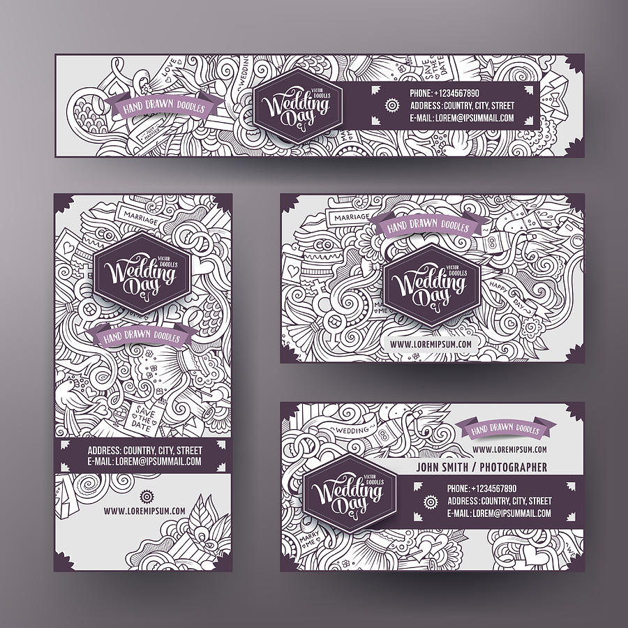 Corporate Identity templates set with doodles Wedding theme Drawing by Kostenkodesign