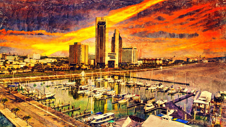 Corpus Christi downtown seen from the marina at sunset - digital painting Digital Art by Nicko Prints