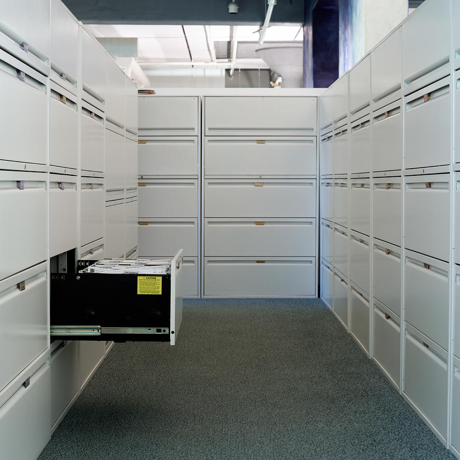 Corridor of file cabinets, office interior Photograph by F64