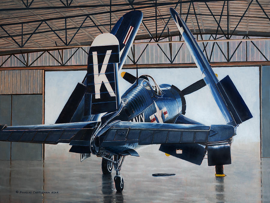 Corsair In Hangar Painting by Douglas Castleman