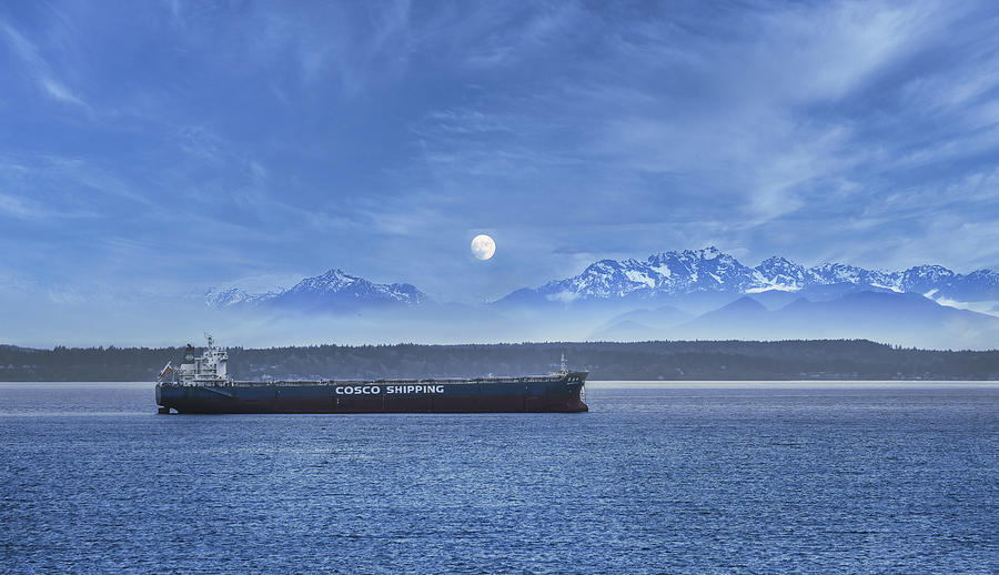 Cosco Shipping Freighter with Canadian Mountains and Full Moon Photograph by Darryl Brooks