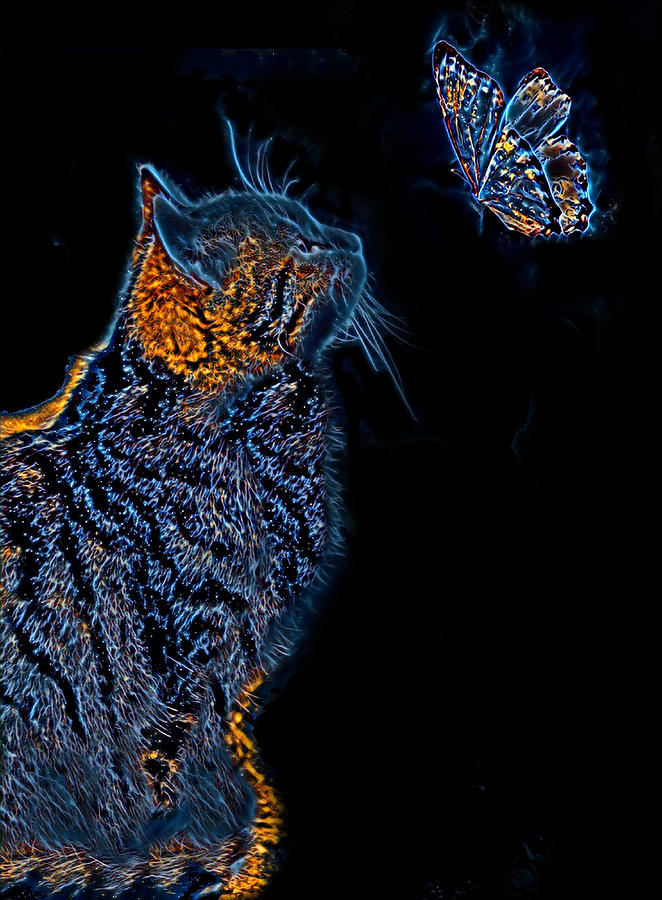 Cosmic Cat and Butterfly Digital Art by La Moon Art