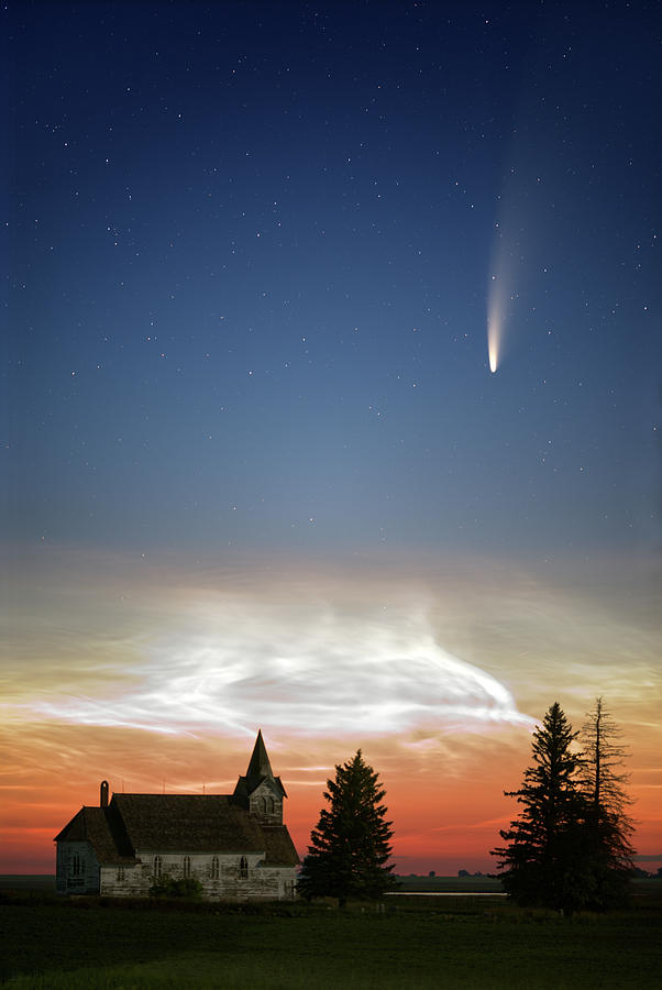 Cosmic Church Visitor - Comet NEOWISE and noctilucent clouds above abandoned ND Big Coulee Church Photograph by Peter Herman