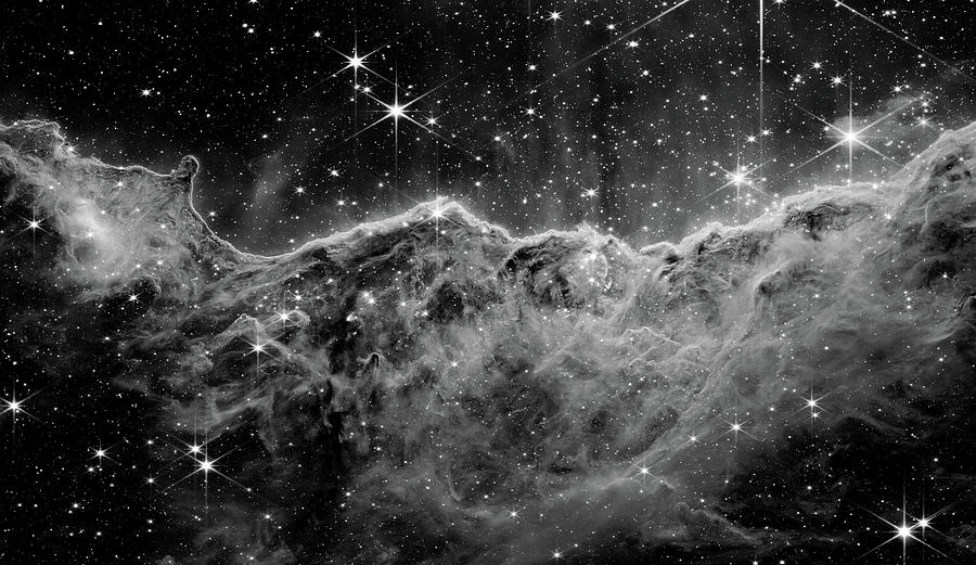 Cosmic Cliffs in the Carina Nebula - NIRCam Image - In Black and White Photograph by Eric Glaser