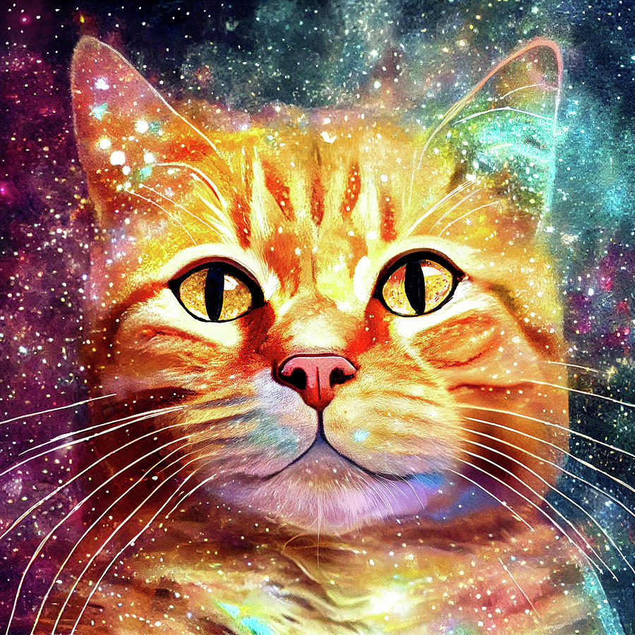 Animal Mixed Media - Cosmic Ginger Kitty With Amber Eyes by Mark Tisdale