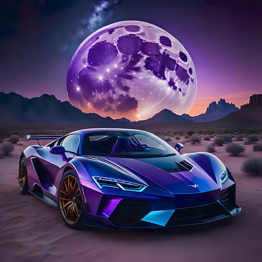 Cosmic Velocity Neon Dreamscape with Supercar Digital Art by Lisa Pearlman