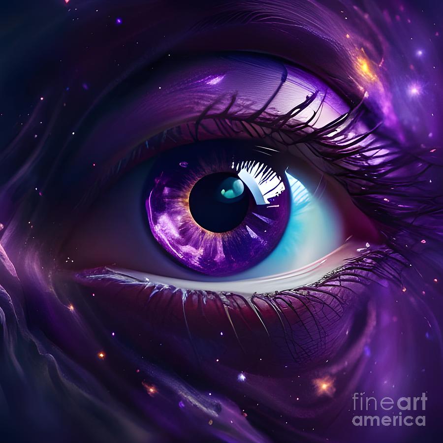 Cosmic Vision - Purple Eye Reflecting the Wonders of Space and Galaxy Mixed Media by Artvizual Premium
