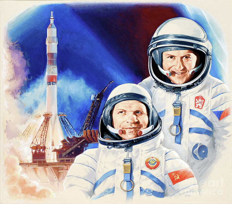 Cosmonauts Alexei Alexandrovich Gubarev And Vladimir Remek Painting by Gherman Komlev
