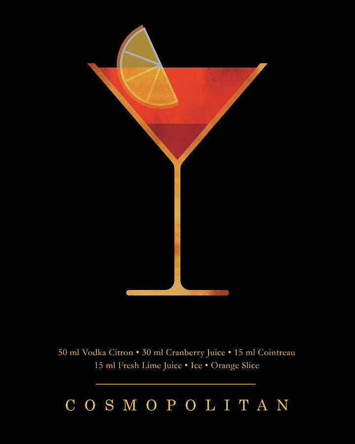 Summer Digital Art - Cosmopolitan Cocktail - Classic Cocktail Print - Black and Gold - Modern, Minimal Lounge Art  by Studio Grafiikka