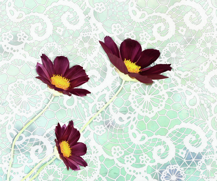 Cosmos And Lace Flower Art Painting by Sharon Cummings