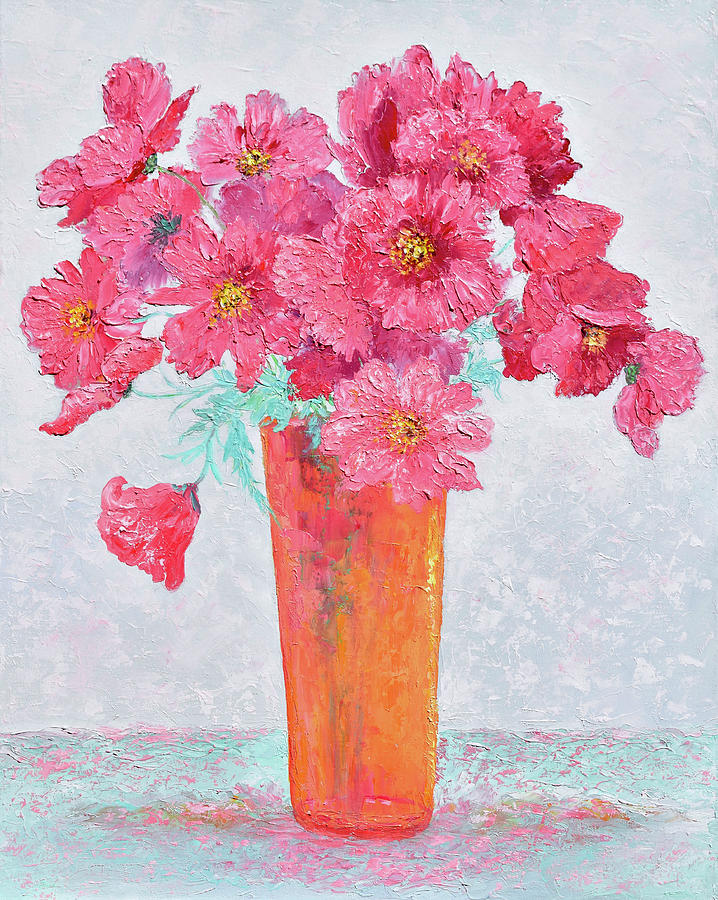 Cosmos Flowers Still Life Textured Painting by Jan Matson