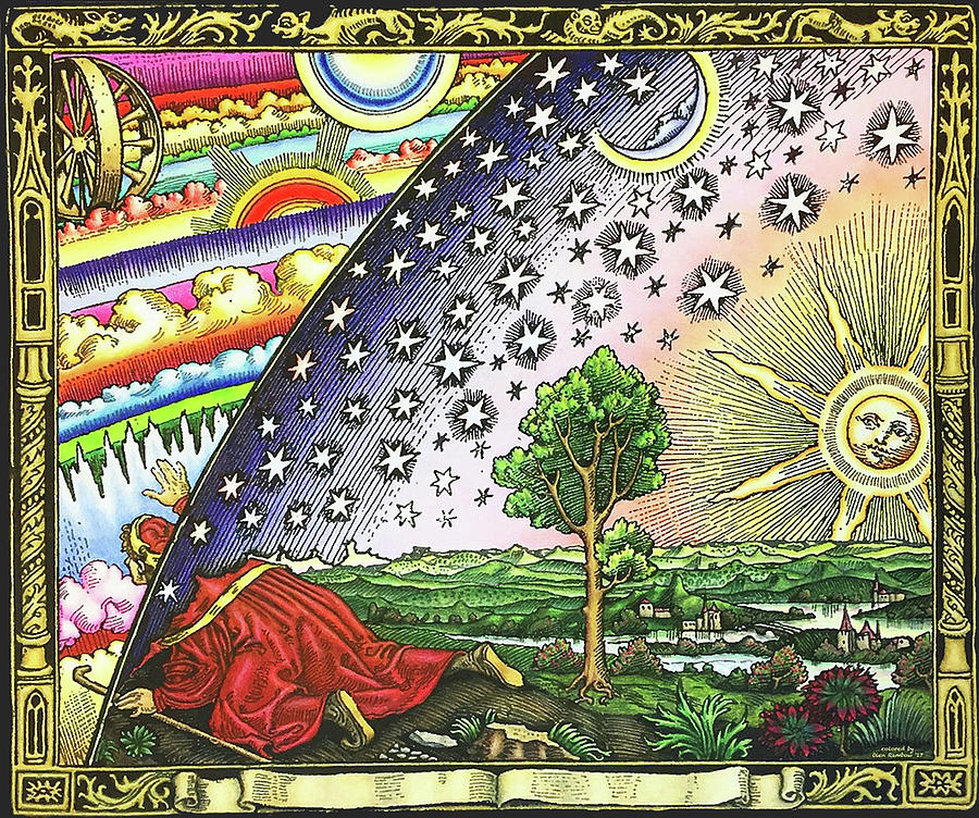 Magic Digital Art - COSMOS MYSTERY, COLOURED, Flammarion wood engraving. by Tom Hill
