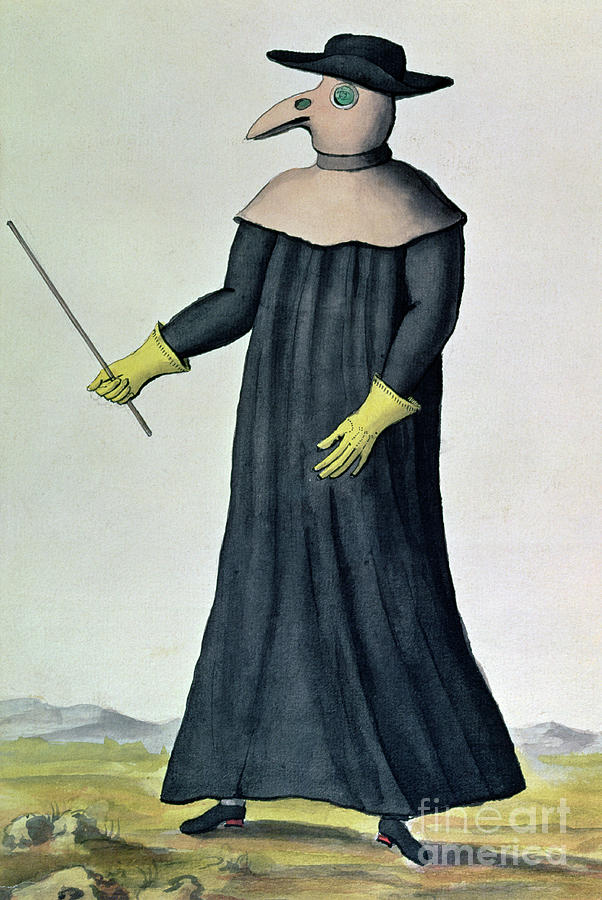Costume designed to protect doctors from the plague Painting by French School