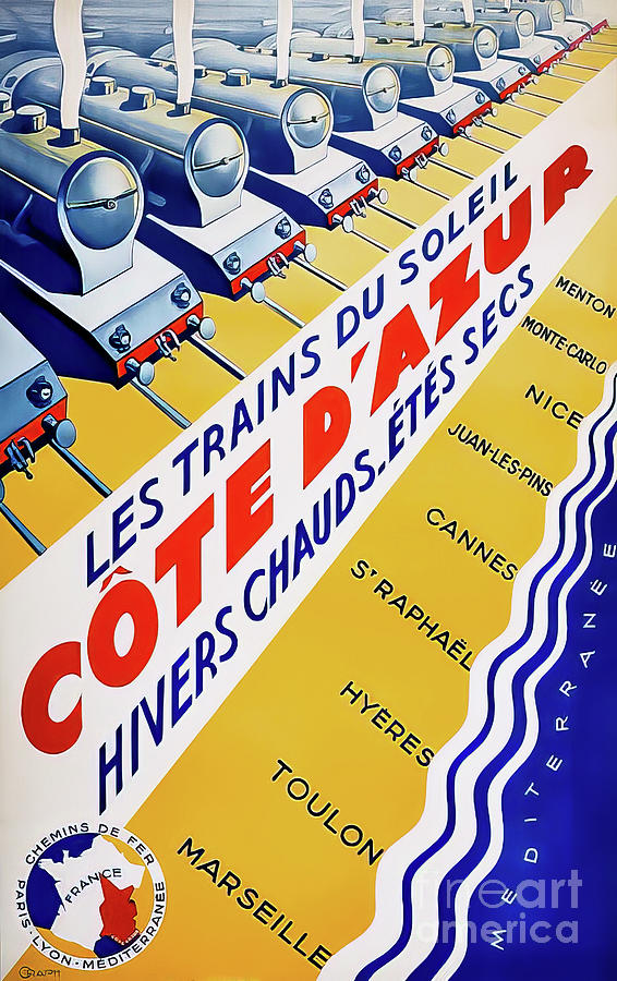 Cote DAzur Retro Art Deco Travel Poster Drawing by M G Whittingham