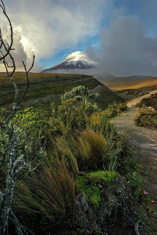 Cotopaxi volcano through a cloudy sky pierced by a ray of sunlig Photograph by Henri Leduc