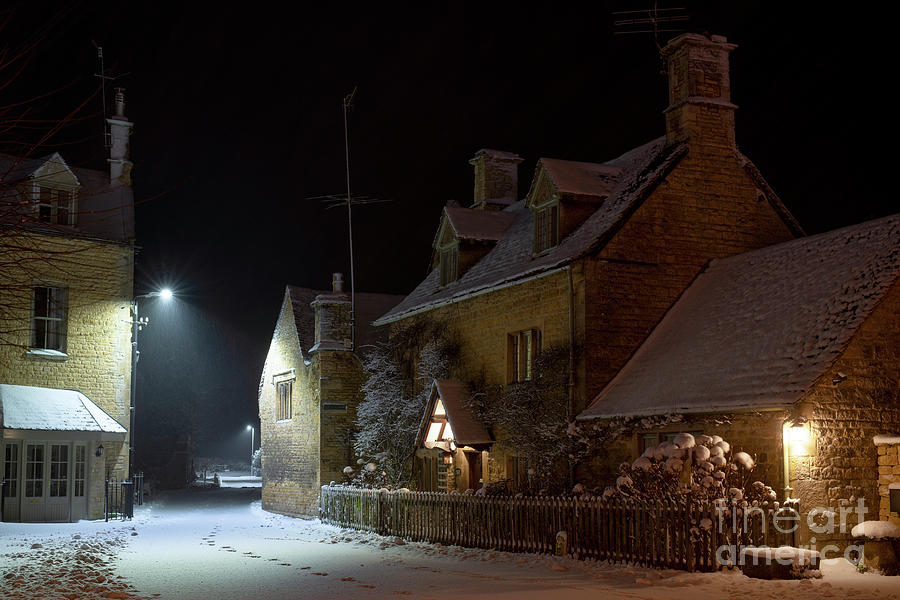 Cotswold Cottage in the Snow at Night in Bourton in the Water  Photograph by Tim Gainey