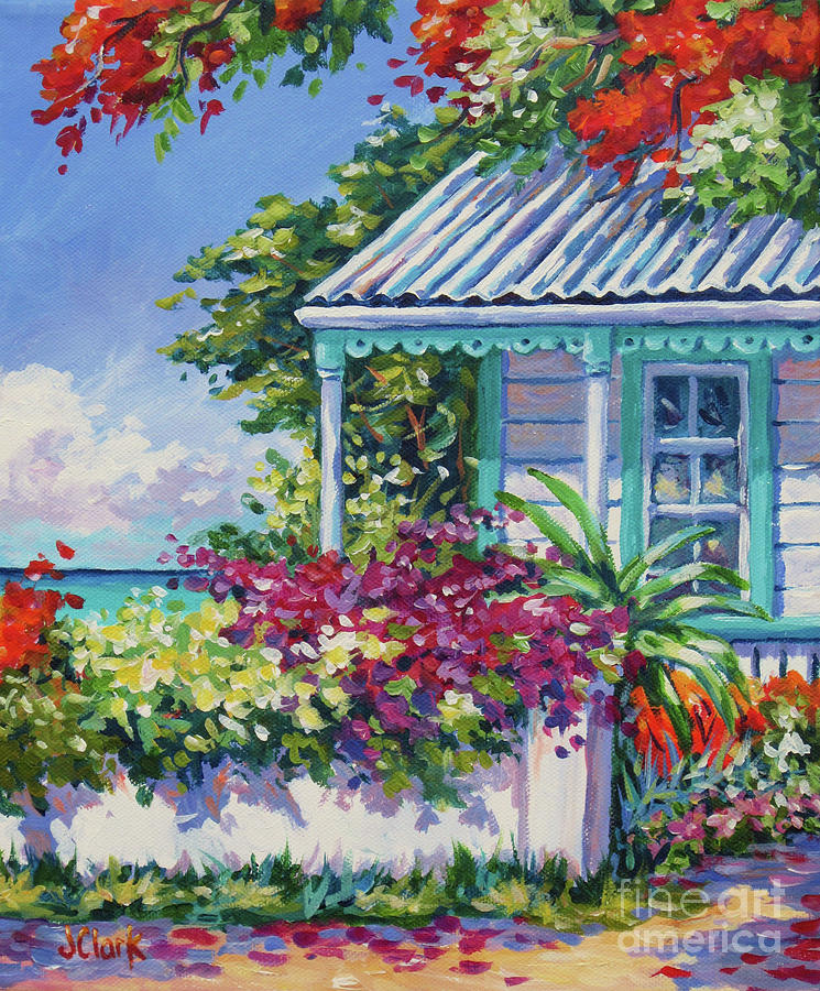 Summer Painting - Cottage and Bougainvillea by John Clark