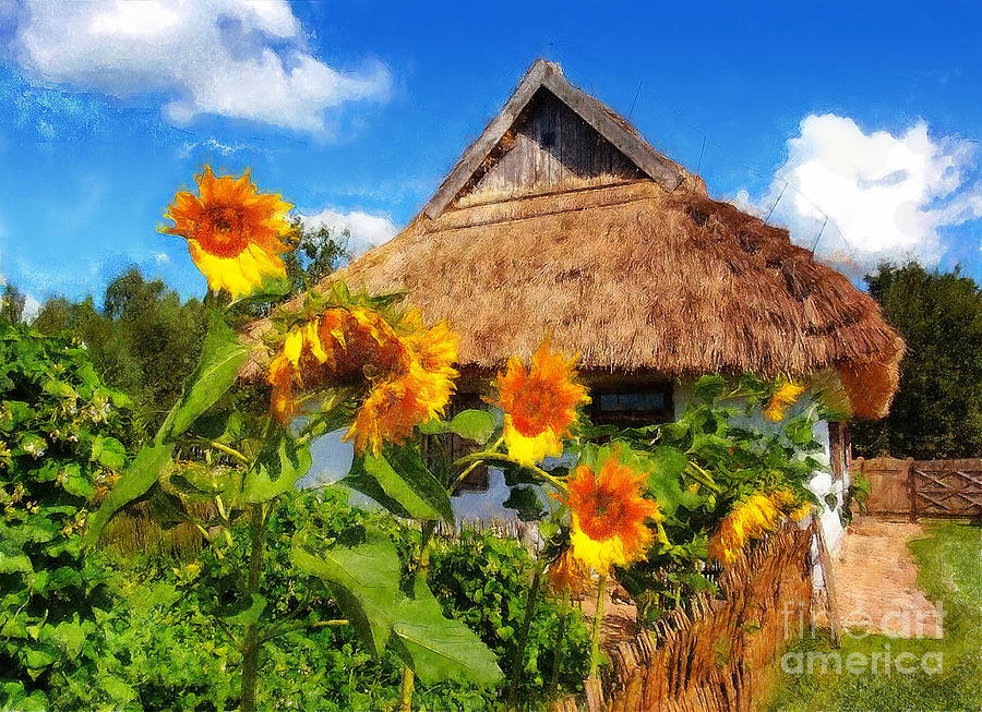 Cottage and sunflowers. Digital Art by Jerzy Czyz