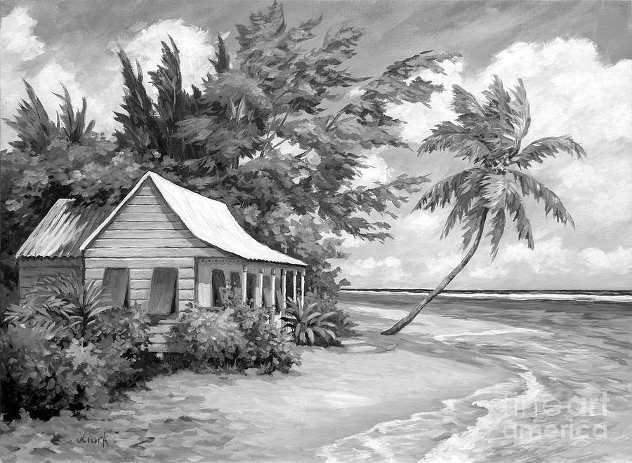 Cottage At The Waters Edge Greyscale Painting