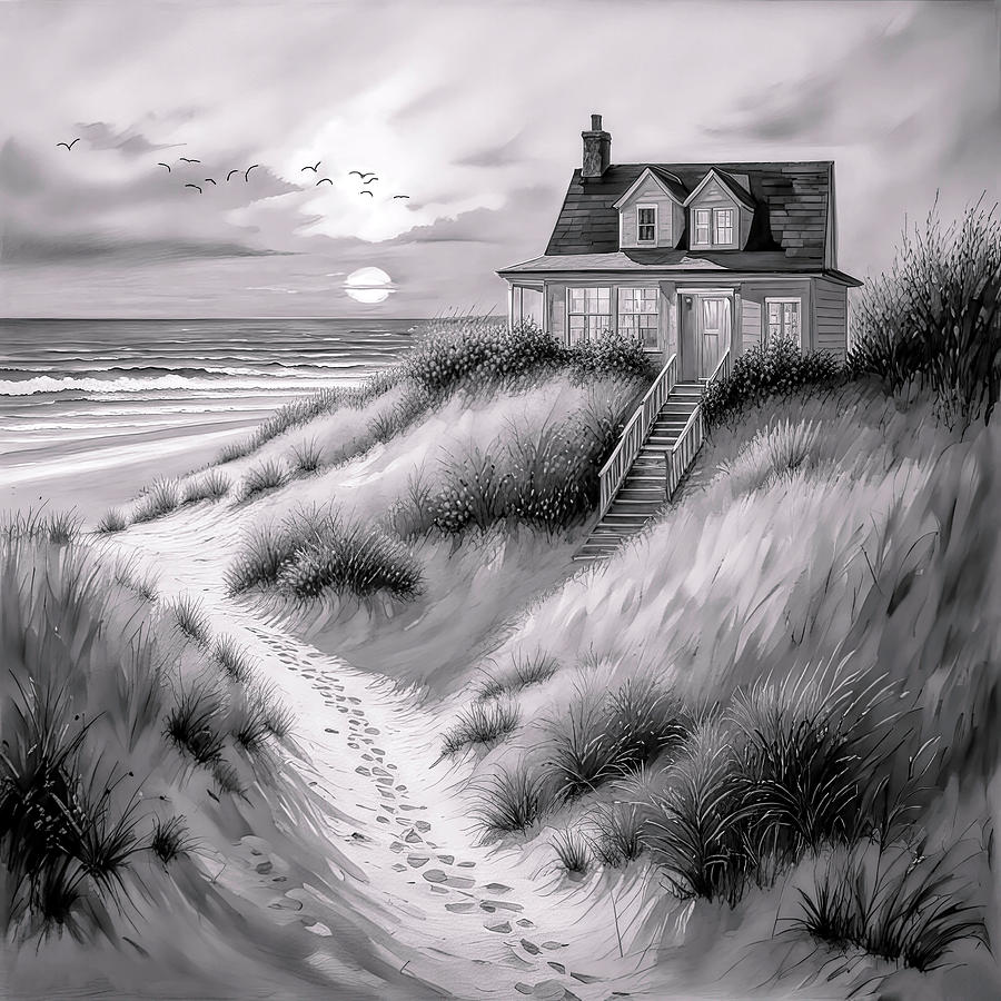 Cottage by the Sea BW Digital Art by Donna Kennedy