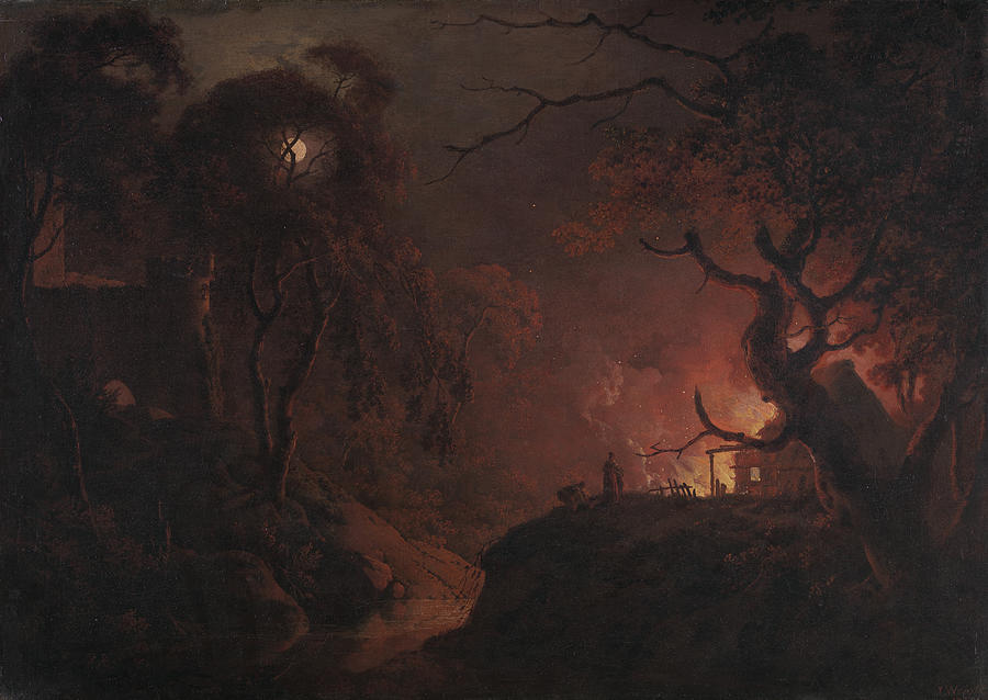 Cottage on Fire at Night Painting by Joseph Wright