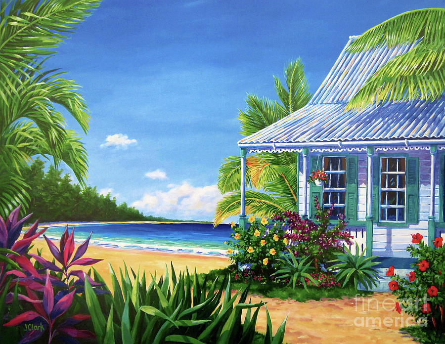 Flower Painting - Cottage on the Beach  17x23 by John Clark