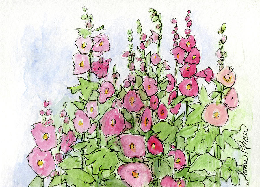 Cottage Pink Hollyhock Painting by Laurie Rohner