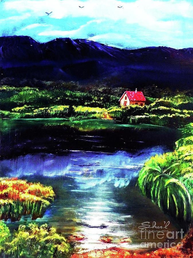 Cottage with Pond  Painting by Sherril Porter