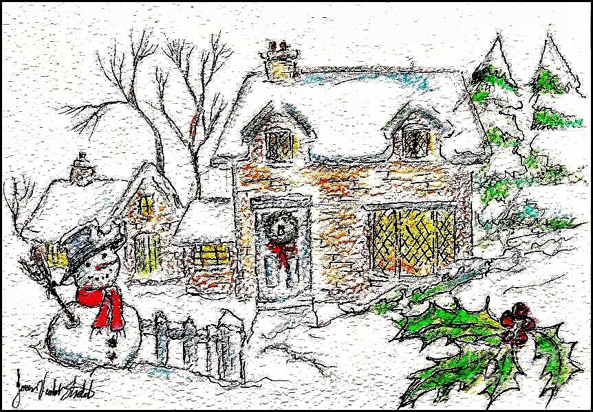 Cottages Snow Scene Mixed Media by Joan-Violet Stretch