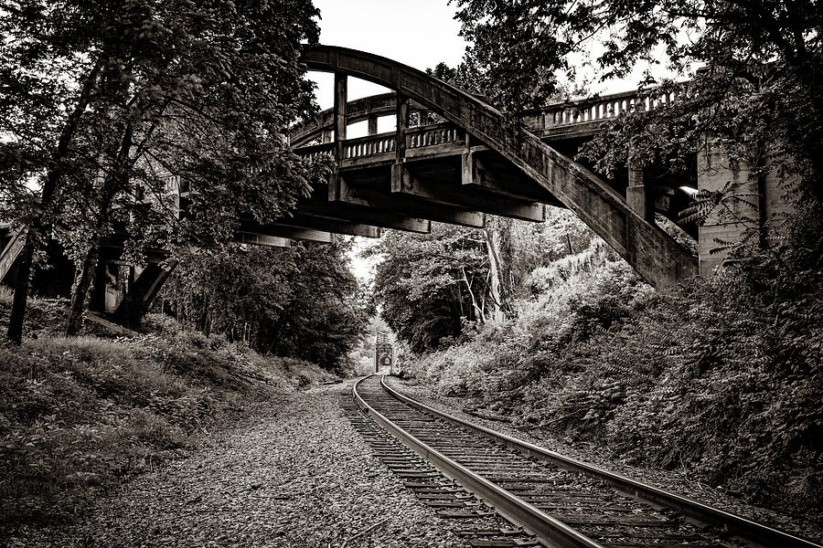 Cotter Arkansas Railroad Tracks Under The Concrete Arch Bridge - Sepia Edition Photograph by Gregory Ballos