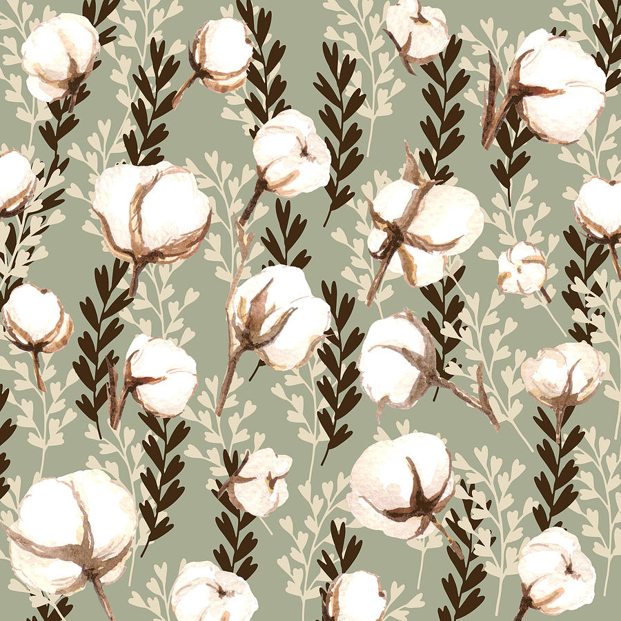 Cotton Plant Pattern Green Digital Art