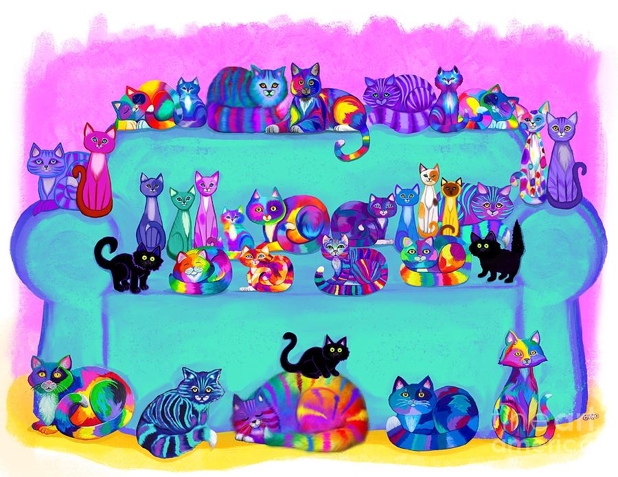 The Colorful Couch Cats Digital Art